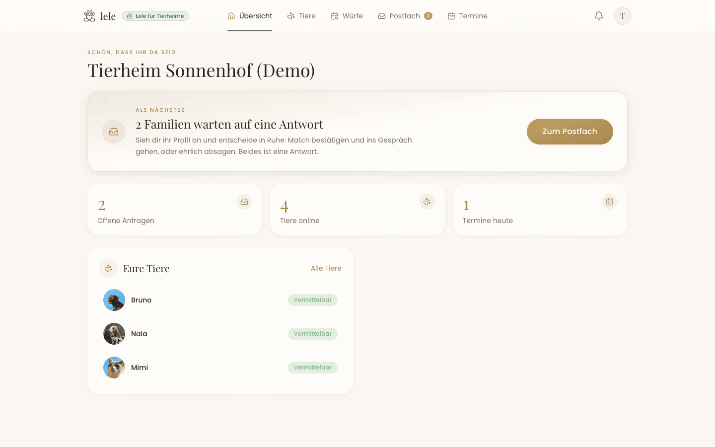 Die Übersicht im Lele-Dashboard: Begrüßung mit dem Namen der Organisation, die nächste sinnvolle Aufgabe, drei Zahlen und die zuletzt eingestellten Tiere.
