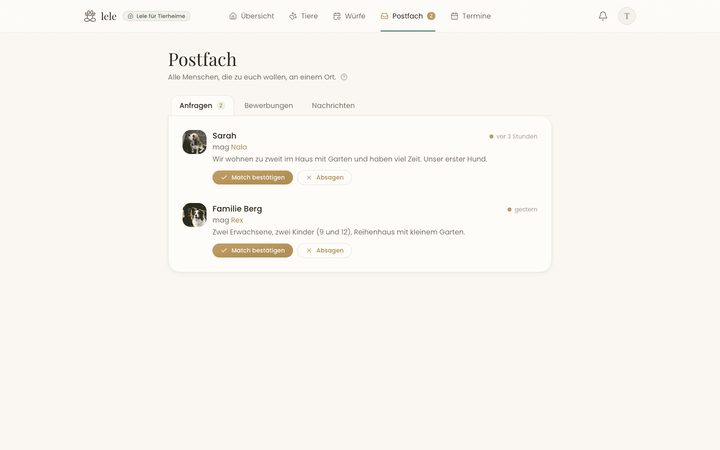 Das Postfach im Lele-Dashboard mit den drei Reitern Anfragen, Bewerbungen und Nachrichten und zwei wartenden Familien.
